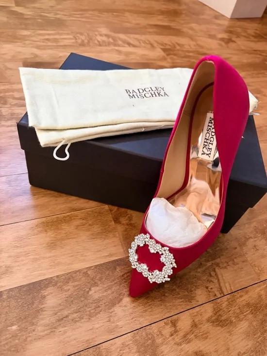 Badgley Mischka Fuchsia Pointed-Toe Pumps with Crystal Buckle - Picture 3 of 11